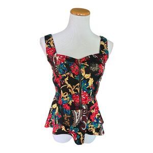 Womens Dots Floral Print Sleeveless Peplum Weekend Chic Blouse Top - Sz S
